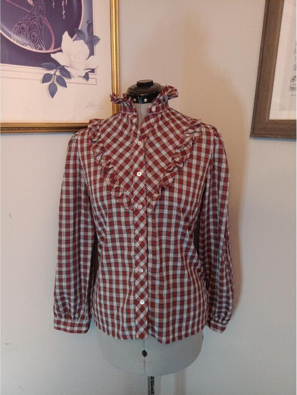 Vintage 60s 70s Ruffled Blouse, Retro Plaid Victorian Prairie Style Red & Green